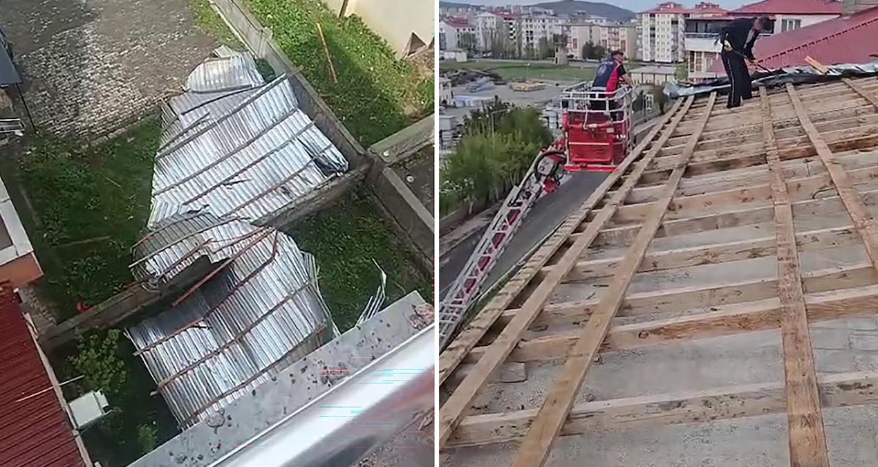 Fırtına çatıyı uçurdu, sac parçaları etrafa savruldu
