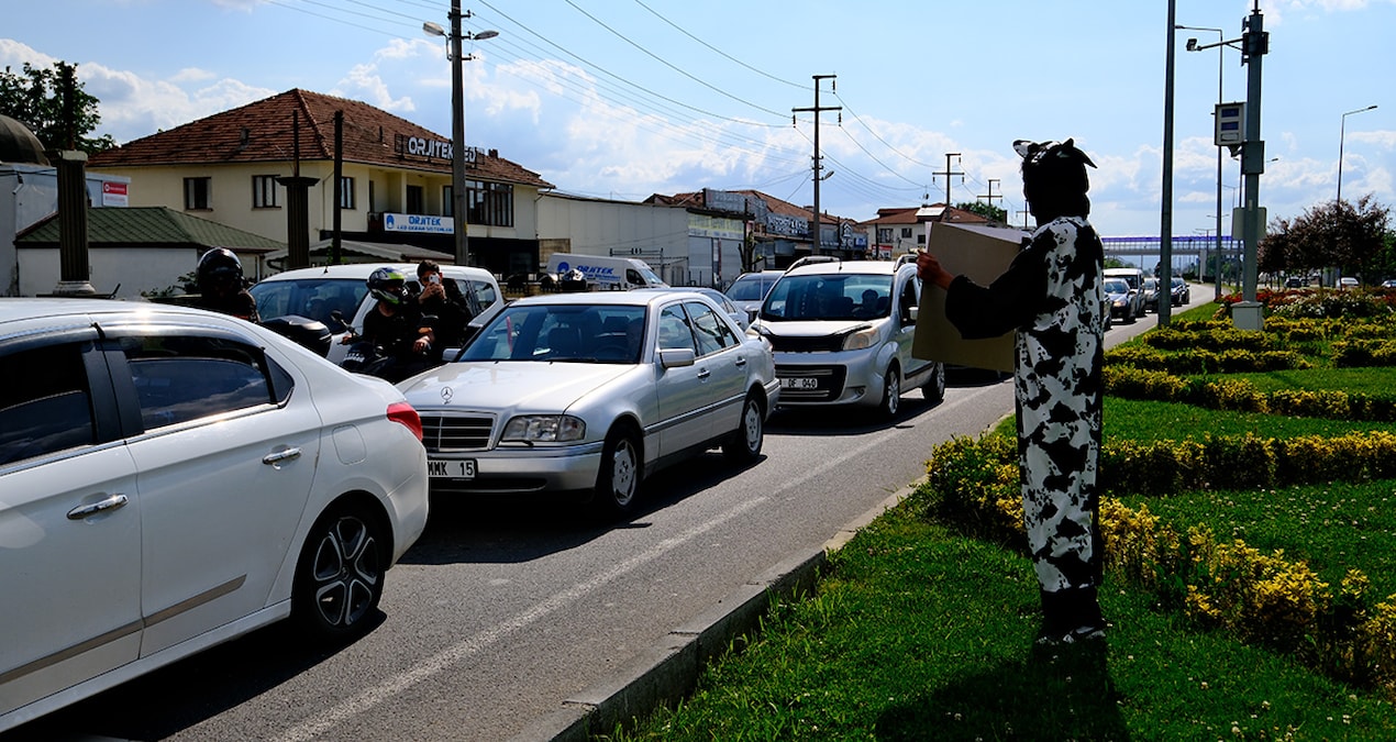 İnek kostümüyle yol kenarına geçti, açtığı pankartla sürücüleri gülümsetti