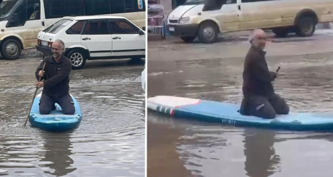 Sanayi sitesini su basınca esnaf işe sörf yaparak gitti!
