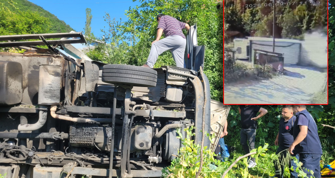 Freni boşalan kamyon devrildi, okula giden çocuk ölümden metrelerle kurtuldu