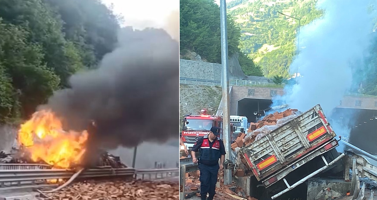 Tuğla yüklü kamyon yandı! Korkunç kazada şoför hayatını kaybetti